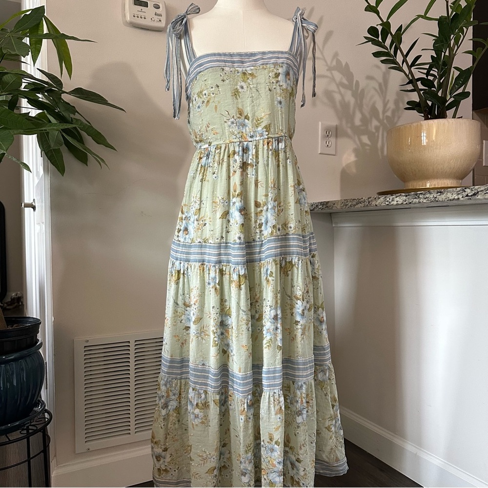 Boutique Blue and Green Floral Maxi Dress with Faux Bow Straps, Tiered